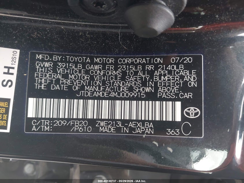 2021 Toyota Corolla VIN JTDEAMDE4MJ009915 IAAI salvage auction — REAR END, Salvage Title, sold $6,100 on 2026-07-17 (photo 9)