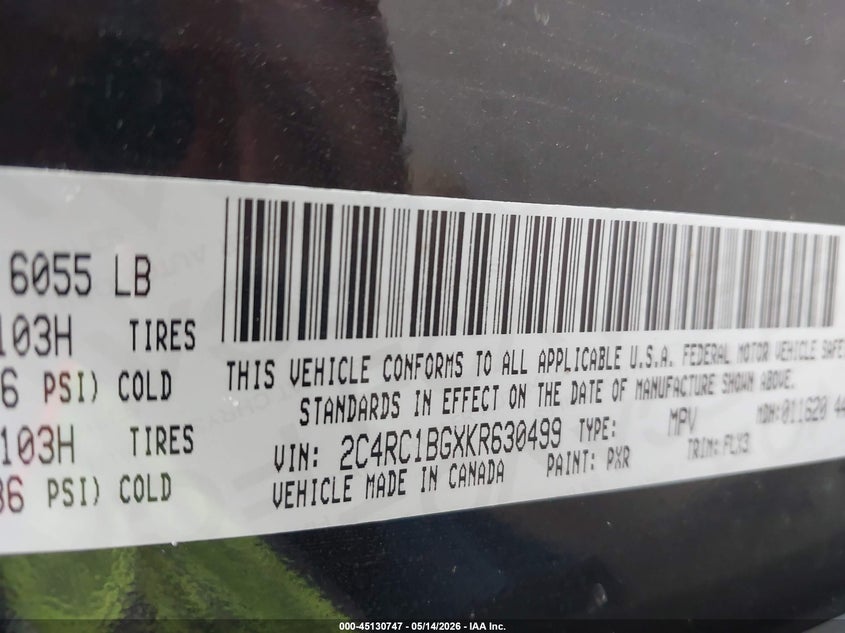 2019 Chrysler Pacifica VIN 2C4RC1BGXKR630499 IAAI salvage auction — HAIL, Regular (South Dakota), sold $4,025 on 2026-08-18 (photo 9)