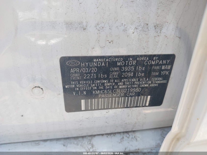2020 Hyundai Ioniq hybrid VIN KMHC65LC3LU219980 IAAI salvage auction — NORMAL WEAR, Sf97 (Ohio), sold $11,750 on 2026-07-15 (photo 9)