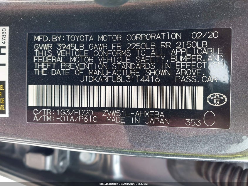 2020 Toyota Prius VIN JTDKARFU8L3114416 IAAI salvage auction — FRONT END, Original (Texas), sold $3,650 on 2026-07-11 (photo 9)