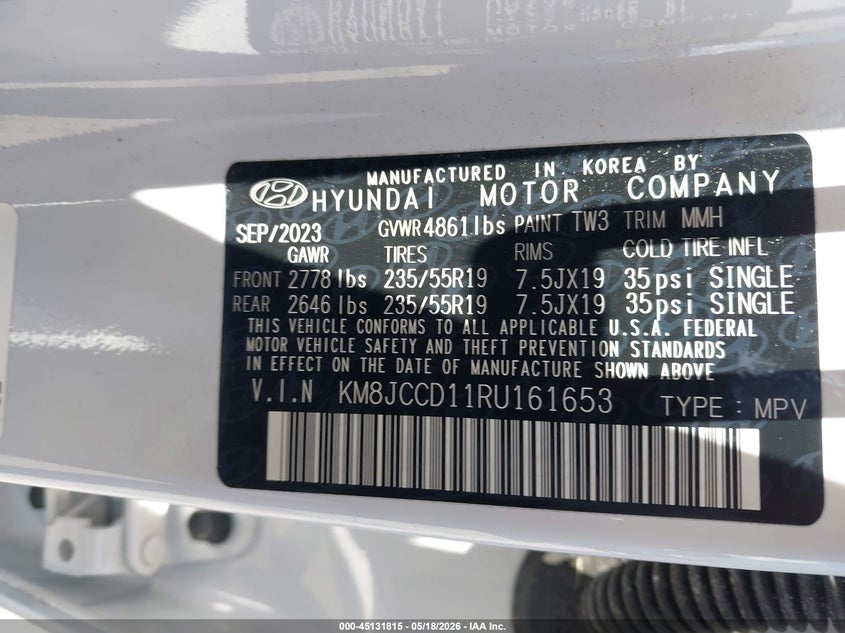 2024 Hyundai Tucson VIN KM8JCCD11RU161653 IAAI salvage auction — FRONT END, Rebuildable (Florida), sold $10,400 on 2026-07-14 (photo 9)