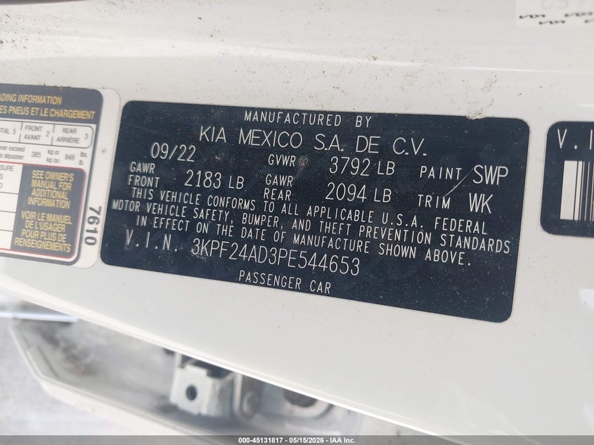 2023 Kia Forte VIN 3KPF24AD3PE544653 IAAI salvage auction — FRONT END, Salvage (Texas), sold $100 on 2026-07-10 (photo 9)