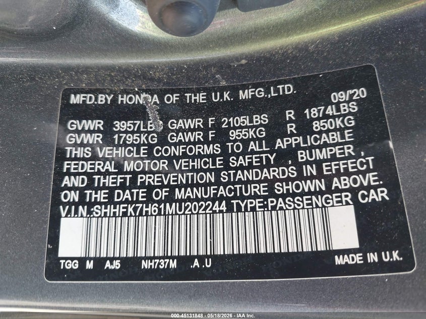 2021 Honda Civic VIN SHHFK7H61MU202244 IAAI salvage auction — FRONT END, Salvage (North Carolina), sold $3,300 on 2026-07-30 (photo 9)