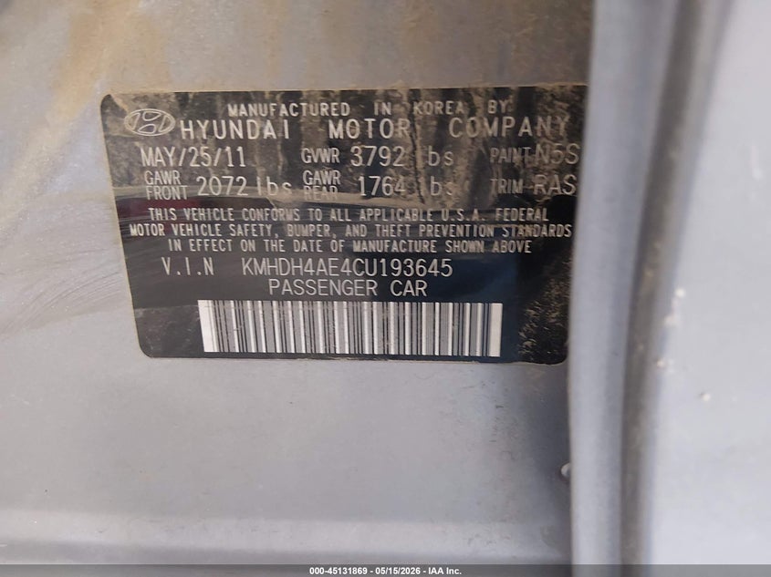 2012 Hyundai Elantra VIN KMHDH4AE4CU193645 IAAI salvage auction — REAR END, Salvage (Colorado), sold $950 on 2026-07-22 (photo 9)