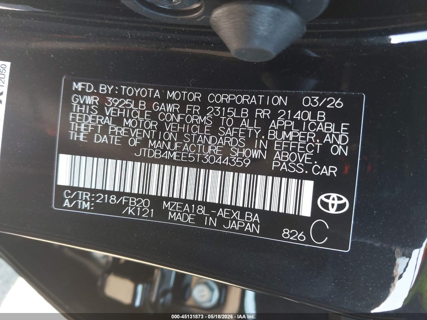 2026 Toyota Corolla VIN JTDB4MEE5T3044359 IAAI salvage auction — LEFT FRONT, Mv-907A (New York), sold $2,250 on 2026-07-28 (photo 9)