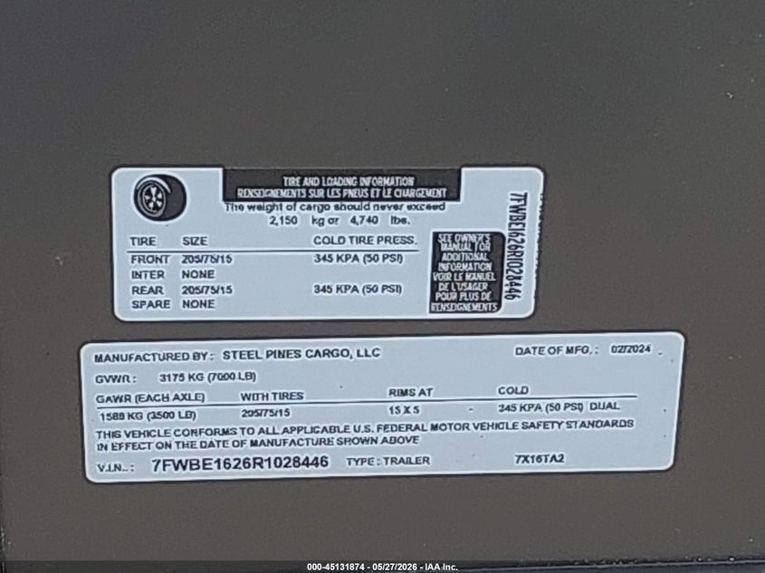 2022 Steel pine cargo, llc Enclosed 7x16 VIN 7FWBE1626R1028446 IAAI salvage auction — STORM DAMAGE, Bill Of Sale (Mississippi), sold $25 on 2026-07-11 (photo 9)