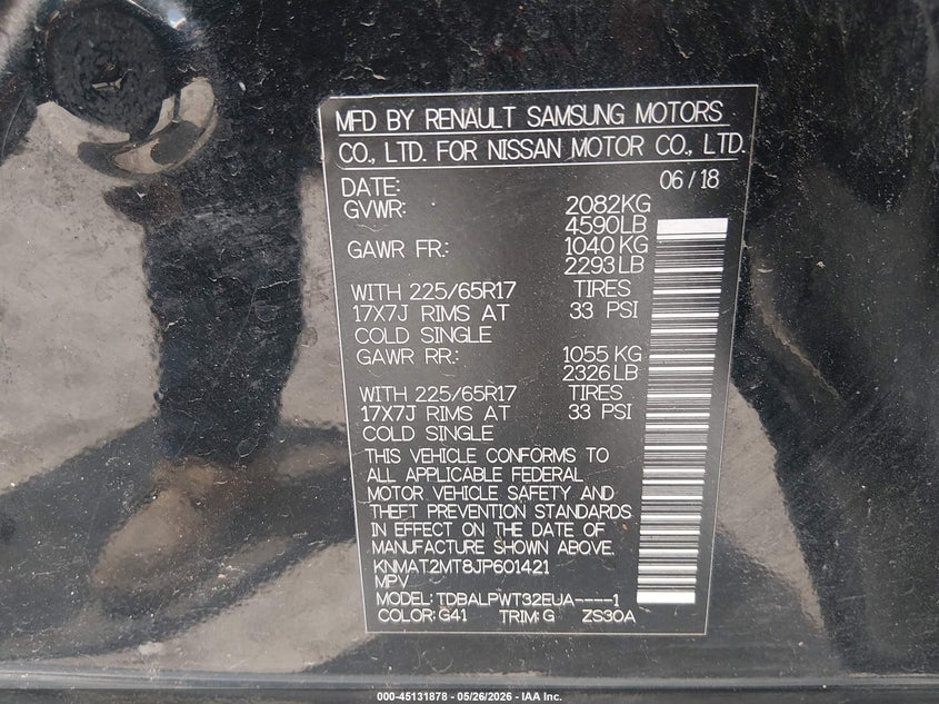 2018 Nissan Rogue VIN KNMAT2MT8JP601421 IAAI salvage auction — HAIL, Clear (Arkansas), sold $225 on 2026-07-22 (photo 9)