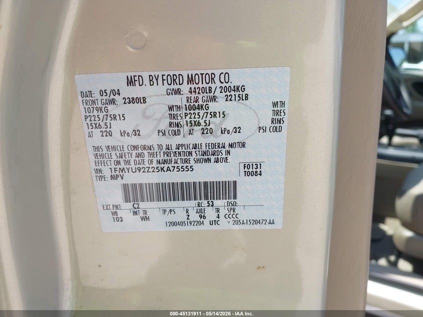 2005 Ford Escape VIN 1FMYU92Z25KA75555 IAAI salvage auction — NORMAL WEAR, Clear (Missouri), sold $550 on 2026-07-11 (photo 9)
