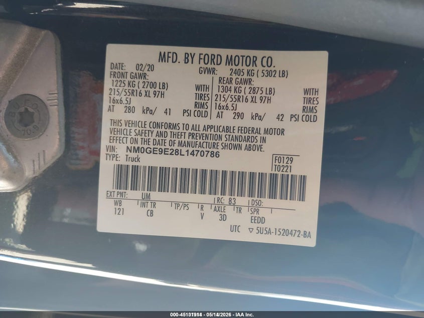 2020 Ford Transit connect VIN NM0GE9E28L1470786 IAAI salvage auction — NORMAL WEAR, Sf97 (Ohio), sold $13,500 on 2026-07-15 (photo 9)