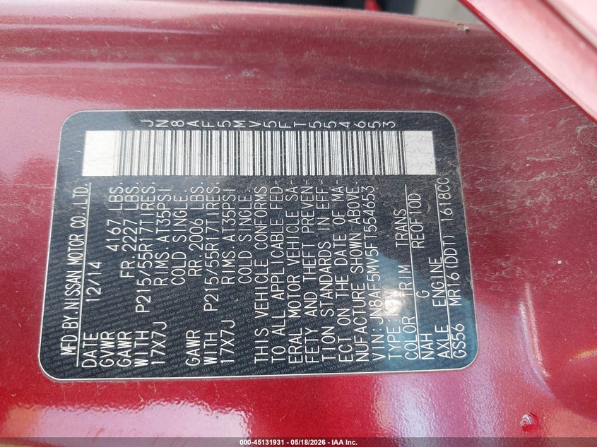 2015 Nissan Juke VIN JN8AF5MV5FT554653 IAAI salvage auction — HAIL, Salvage (Minnesota), sold $3,200 on 2026-07-20 (photo 9)