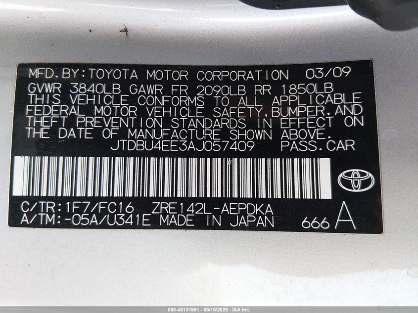 2010 Toyota Corolla VIN JTDBU4EE3AJ057409 IAAI salvage auction — EXTERIOR BURN, Salvage (Nevada), sold $325 on 2026-07-10 (photo 9)