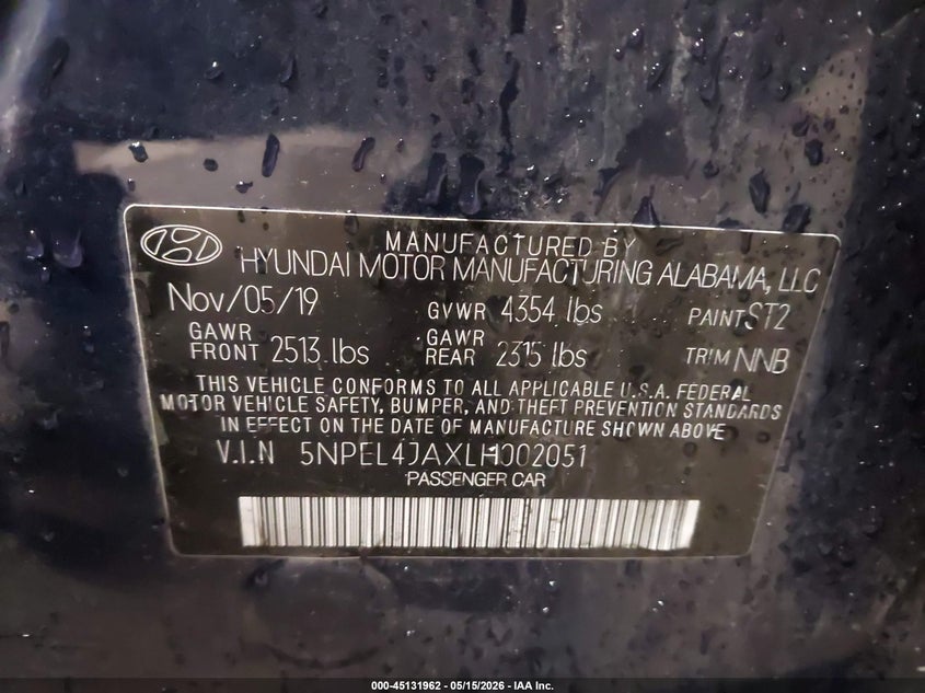 2020 Hyundai Sonata VIN 5NPEL4JAXLH002051 IAAI salvage auction — LEFT SIDE, Salvage (Maine), sold $2,850 on 2026-07-06 (photo 9)
