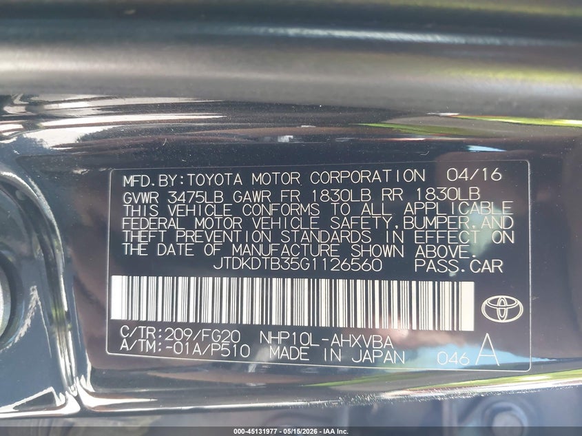 2016 Toyota Prius c VIN JTDKDTB35G1126560 IAAI salvage auction — LEFT FRONT, Salvage (North Carolina), sold $1,125 on 2026-07-30 (photo 9)