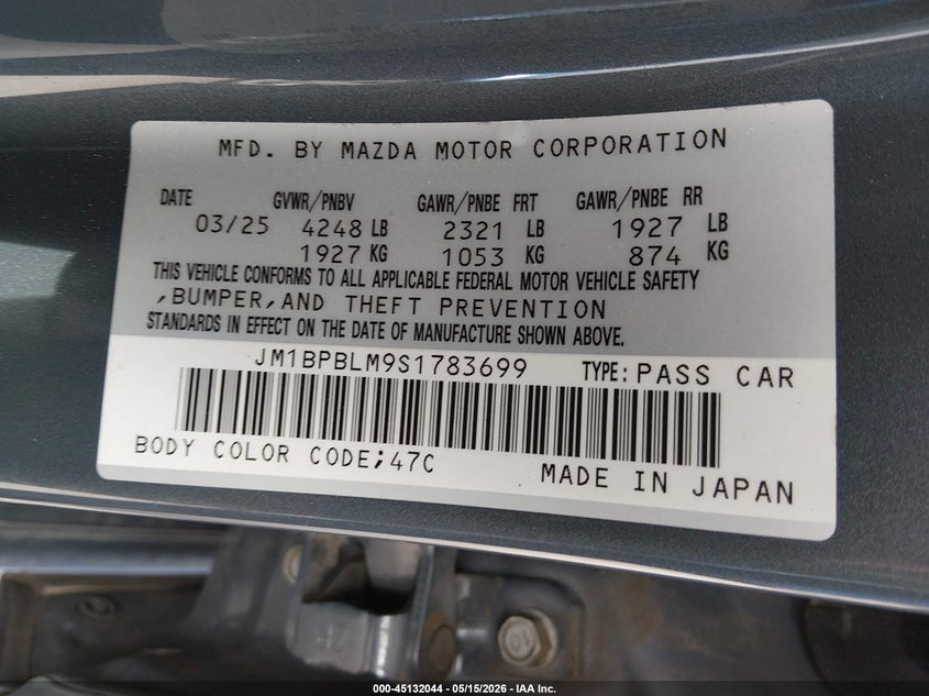 2025 Mazda 3 VIN JM1BPBLM9S1783699 IAAI salvage auction — FRONT END, Original (Texas), sold $11,500 on 2026-08-20 (photo 9)