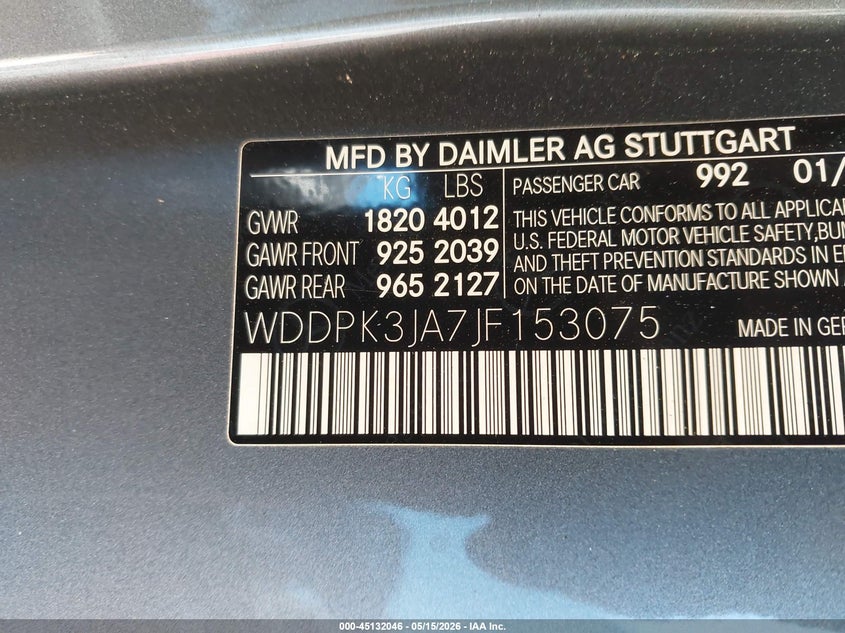 2018 Mercedes-benz Slc-klasse VIN WDDPK3JA7JF153075 IAAI salvage auction — FRONT END, Salvage (North Carolina), sold $5,300 on 2026-08-02 (photo 9)