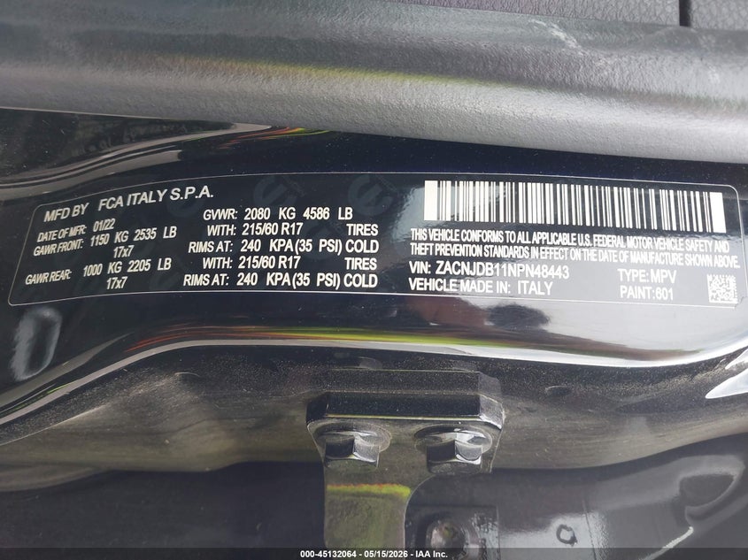 2022 Jeep Renegade VIN ZACNJDB11NPN48443 IAAI salvage auction — REAR END, Salvage (Indiana), sold $2,500 on 2026-07-09 (photo 9)