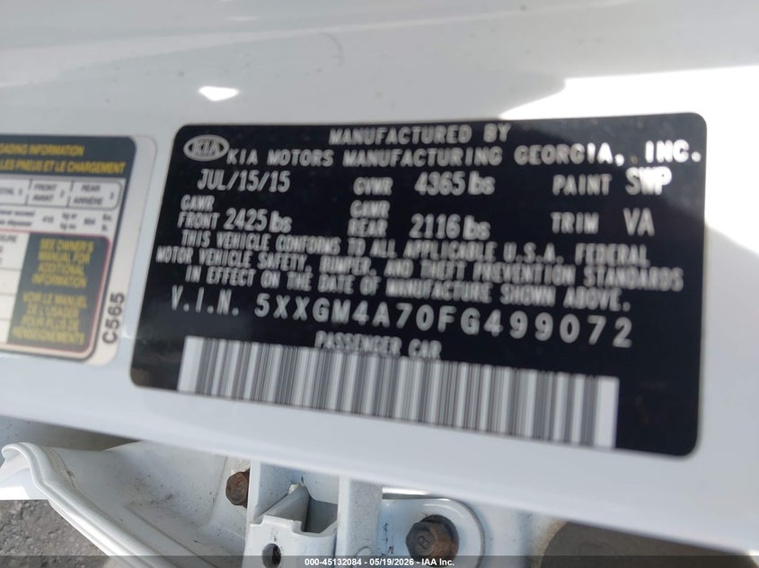 2015 Kia Optima VIN 5XXGM4A70FG499072 IAAI salvage auction — FRONT & REAR, Salvage (Idaho), sold $1,550 on 2026-07-14 (photo 9)