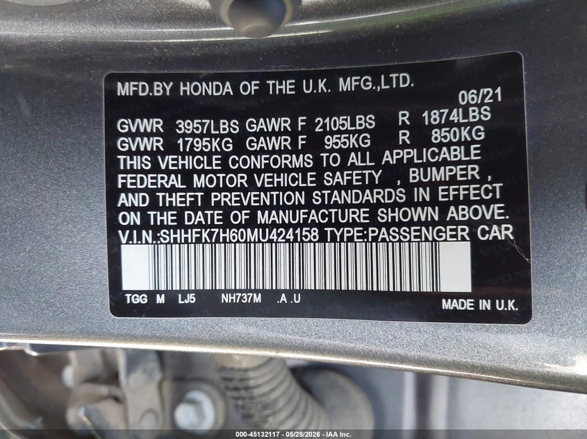 2021 Honda Civic VIN SHHFK7H60MU424158 IAAI salvage auction — FRONT END, Salvage Title, sold $9,650 on 2026-07-14 (photo 9)