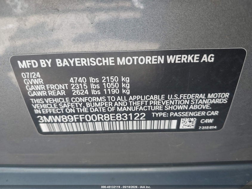 2024 BMW 3er VIN 3MW89FF00R8E83122 IAAI salvage auction — RIGHT SIDE, Salvage (Ohio), sold $13,700 on 2026-07-28 (photo 9)