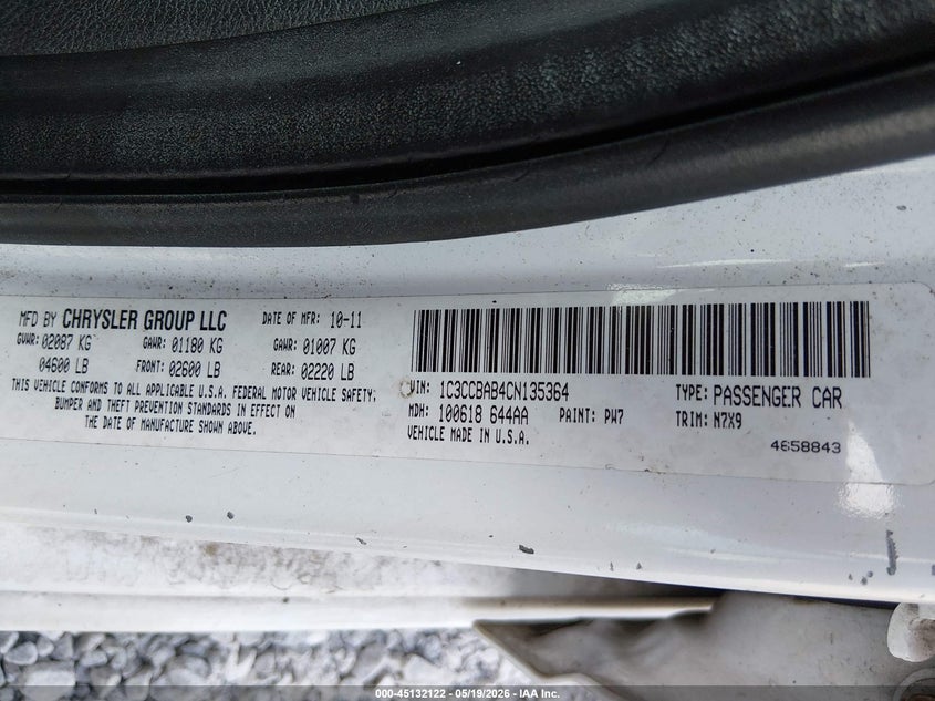2012 Chrysler 200 VIN 1C3CCBAB4CN135364 IAAI salvage auction — LEFT REAR, Salvage (Alabama), sold $225 on 2026-07-09 (photo 9)