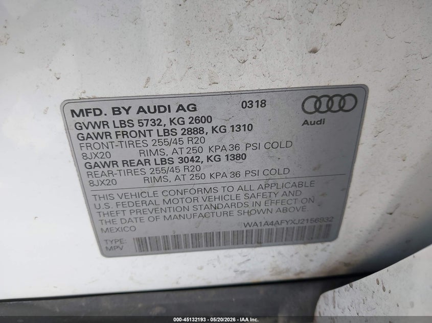 2018 Audi Sq5 VIN WA1A4AFYXJ2156932 IAAI salvage auction — RIGHT SIDE, Salvage Title, sold $7,100 on 2026-07-31 (photo 9)