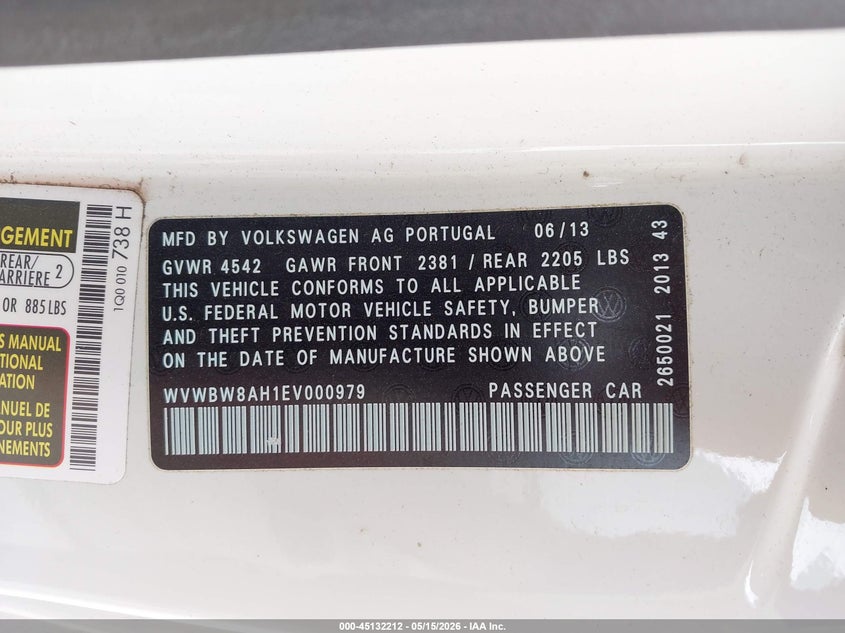 2014 Volkswagen Eos VIN WVWBW8AH1EV000979 IAAI salvage auction — FRONT END, Salvage (Texas), sold $925 on 2026-07-07 (photo 9)
