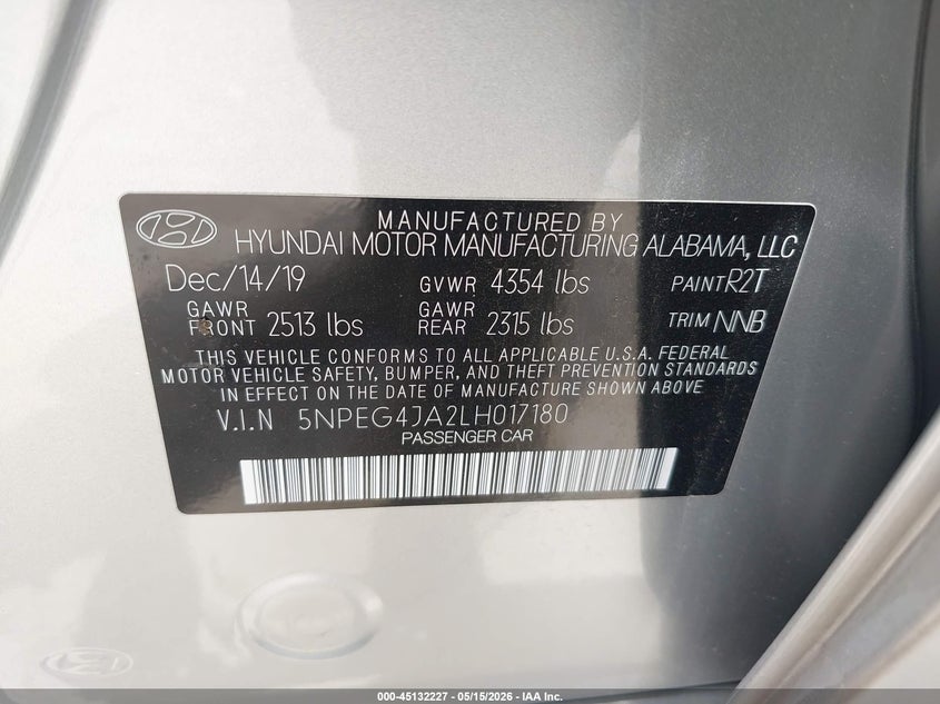 2020 Hyundai Sonata VIN 5NPEG4JA2LH017180 IAAI salvage auction — HAIL, Original (Texas), sold $4,550 on 2026-07-29 (photo 9)