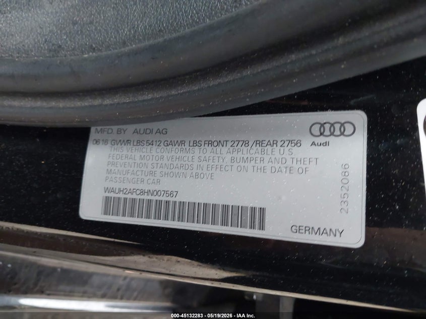 2017 Audi A6 VIN WAUH2AFC8HN007567 IAAI salvage auction — RIGHT FRONT, Junk (Oklahoma), sold $1,100 on 2026-07-08 (photo 9)