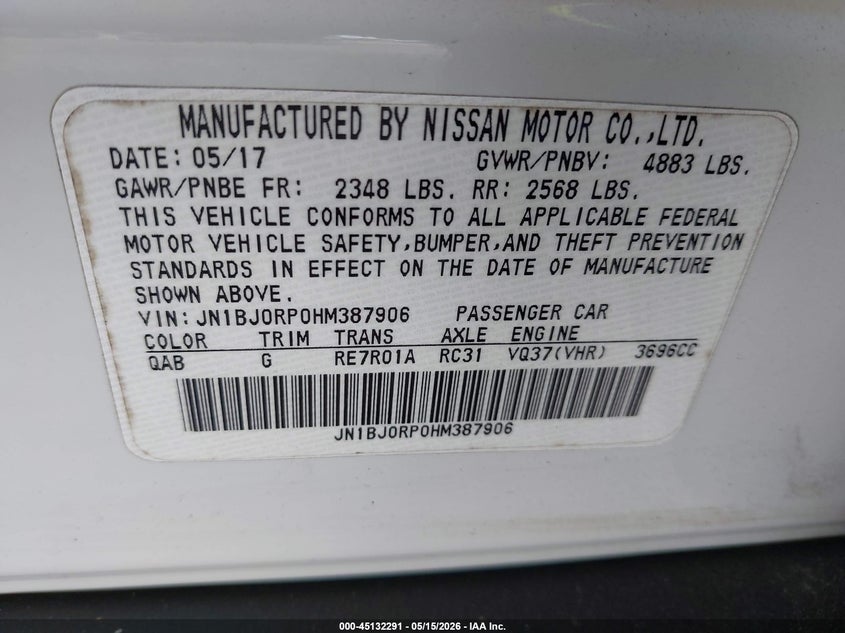 2017 Infiniti Qx50 VIN JN1BJ0RP0HM387906 IAAI salvage auction — RIGHT REAR, Salvage Title, sold $1,600 on 2026-07-23 (photo 9)