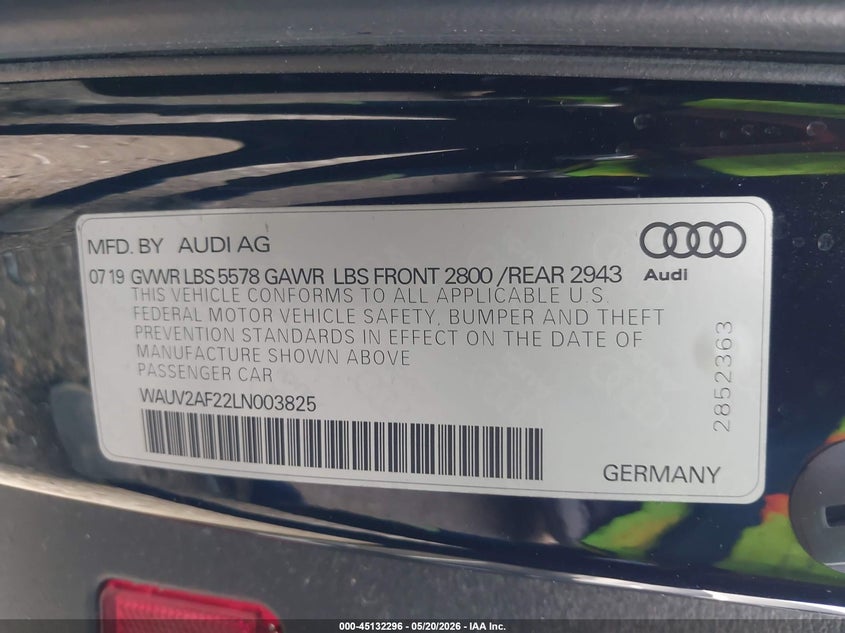 2020 Audi A7 VIN WAUV2AF22LN003825 IAAI salvage auction — FRONT END, Salvage (Texas), sold $19,600 on 2026-07-06 (photo 9)