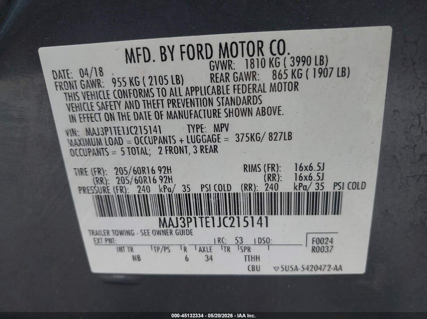 2018 Ford Ecosport VIN MAJ3P1TE1JC215141 IAAI salvage auction — HAIL, Clear (Missouri), sold $1,900 on 2026-07-06 (photo 9)