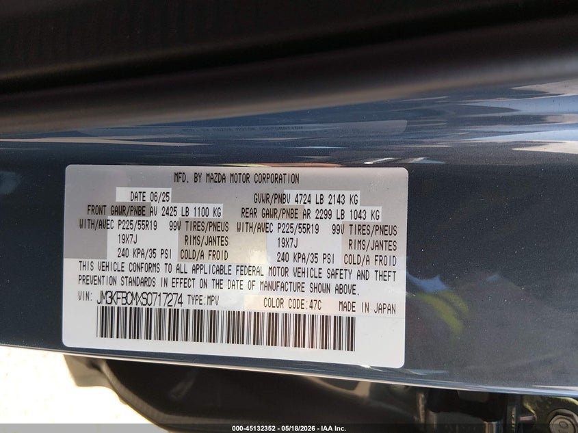 2025 Mazda Cx-5 VIN JM3KFBCMXS0717274 IAAI salvage auction — FRONT END, Salvage (Indiana), sold $5,700 on 2026-07-30 (photo 9)