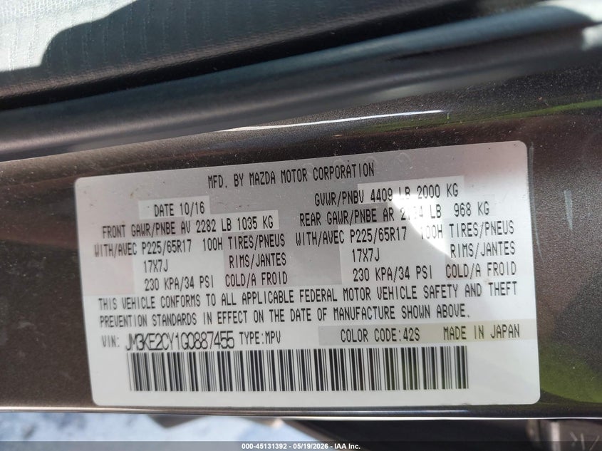 2016 Mazda Cx-5 VIN JM3KE2CY1G0887455 IAAI salvage auction — FRONT END, Salvage (Texas), sold $3,050 on 2026-07-09 (photo 9)
