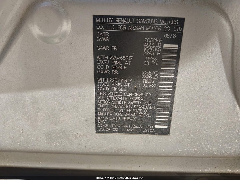2020 Nissan Rogue VIN KNMAT2MT9LP515487 IAAI salvage auction — REAR END, Salvage (Georgia), sold $4,100 on 2026-07-17 (photo 9)