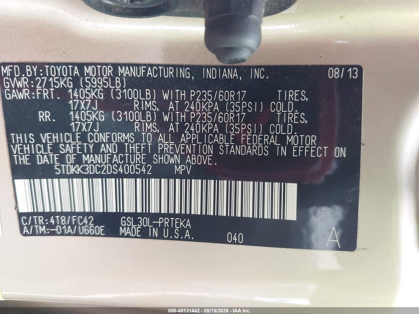 2013 Toyota Sienna VIN 5TDKK3DC2DS400542 IAAI salvage auction — FRONT END, Salvage (Missouri), sold $875 on 2026-07-06 (photo 9)