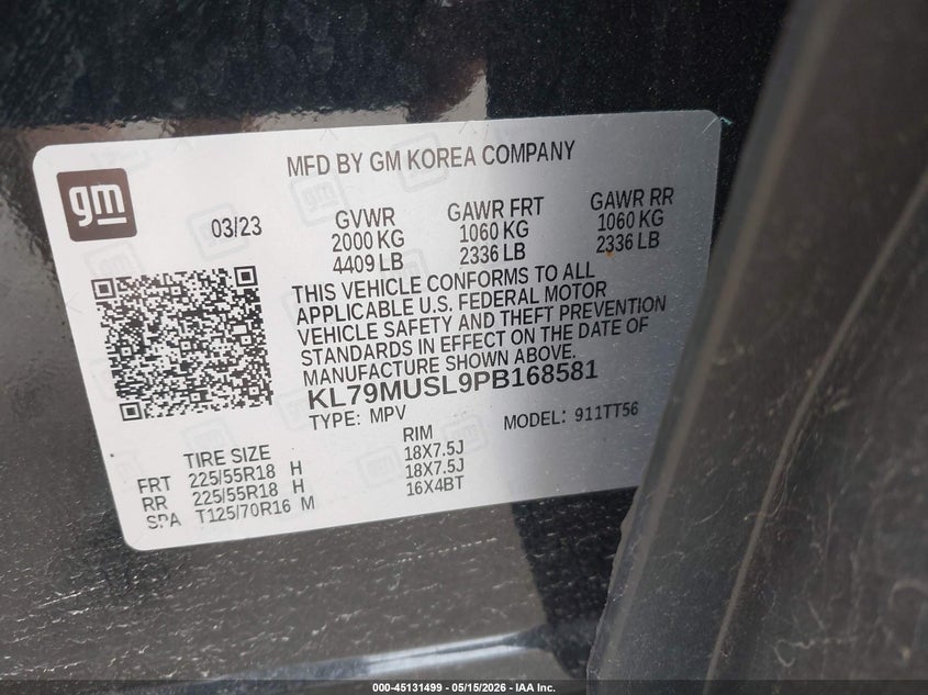 2023 Chevrolet Trailblazer VIN KL79MUSL9PB168581 IAAI salvage auction — FRONT END, Salvage (Ohio), sold $5,200 on 2026-07-28 (photo 9)