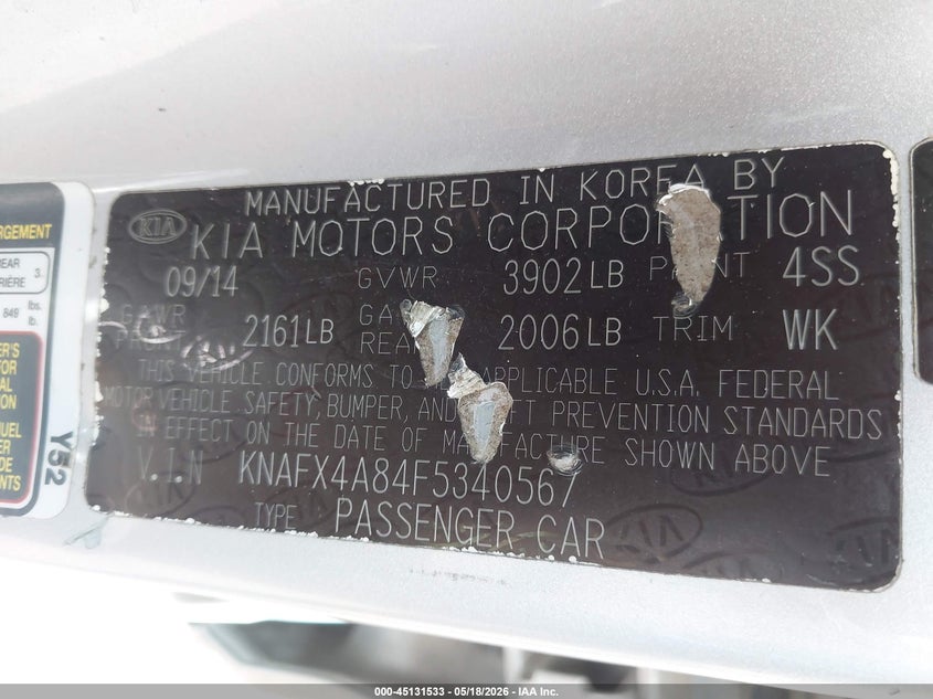 2015 Kia Forte VIN KNAFX4A84F5340567 IAAI salvage auction — FRONT END, Salvage (Alabama), sold $250 on 2026-07-08 (photo 9)