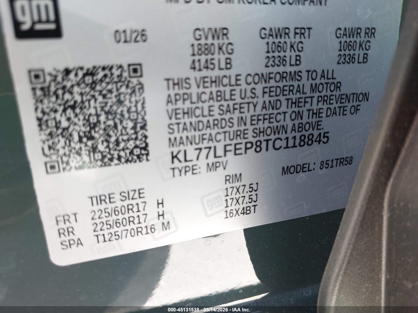 2026 Chevrolet Trax VIN KL77LFEP8TC118845 IAAI salvage auction — SIDE, Original (Texas), sold $7,400 on 2026-07-17 (photo 9)