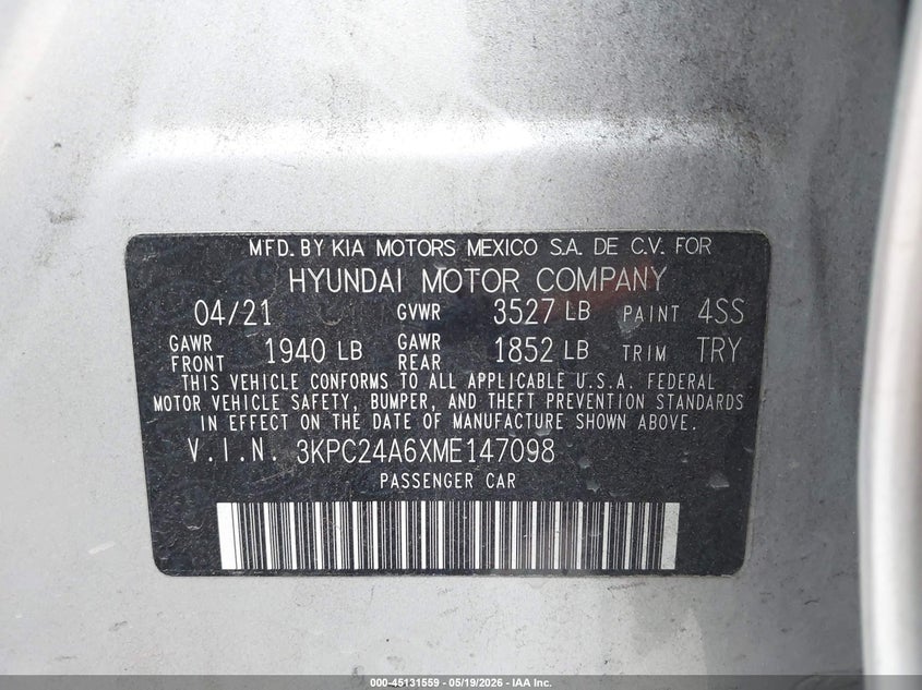 2021 Hyundai Accent VIN 3KPC24A6XME147098 IAAI salvage auction — LEFT FRONT, Original (Texas), sold $2,350 on 2026-07-23 (photo 9)