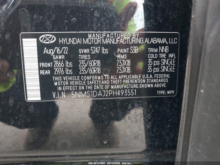 2023 Hyundai Santa fe VIN 5NMS1DAJ2PH493551 IAAI salvage auction — FRONT END, Original (Texas), sold $7,175 on 2026-07-09 (photo 9)
