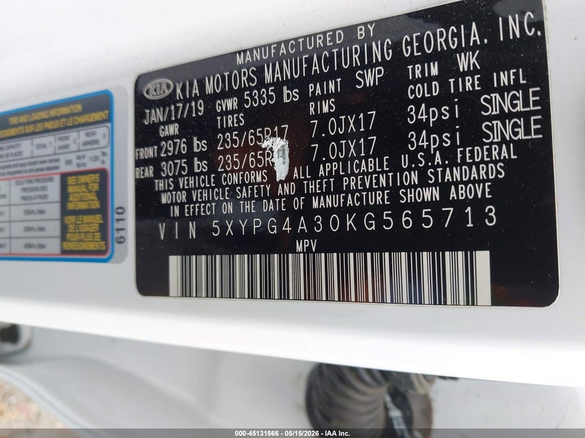 2019 Kia Sorento VIN 5XYPG4A30KG565713 IAAI salvage auction — RIGHT SIDE, Salvage (California), sold $3,600 on 2026-07-14 (photo 9)