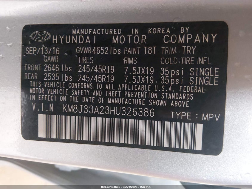 2017 Hyundai Tucson VIN KM8J33A23HU326386 IAAI salvage auction — FRONT END, Salvage (Tennessee), sold $3,375 on 2026-07-06 (photo 9)