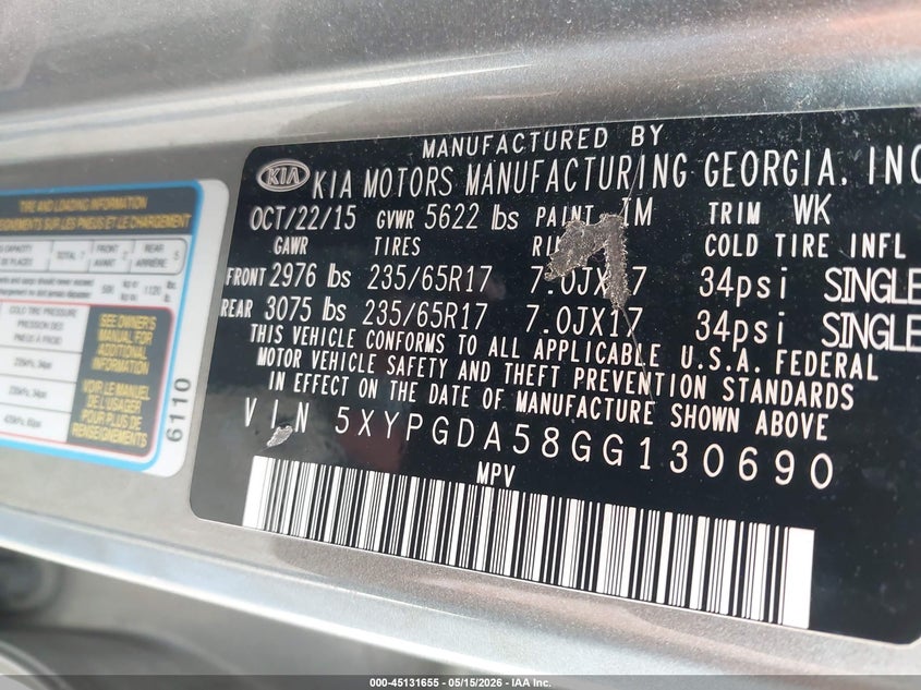 2016 Kia Sorento VIN 5XYPGDA58GG130690 IAAI salvage auction — NORMAL WEAR, Salvage (Texas), sold $550 on 2026-07-27 (photo 9)