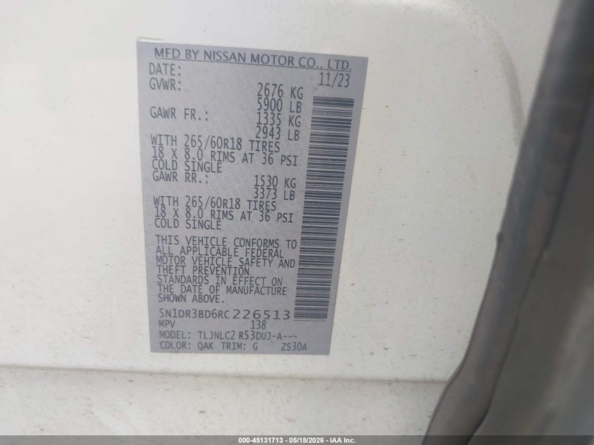 2024 Nissan Pathfinder VIN 5N1DR3BD6RC226513 IAAI salvage auction — FRONT END, Salvage (Idaho), sold $9,200 on 2026-07-18 (photo 9)