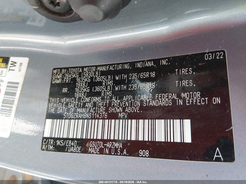 2022 Toyota Highlander VIN 5TDGZRAH8NS114376 IAAI salvage auction — FRONT END, Salvage Title, sold $8,600 on 2026-07-09 (photo 9)
