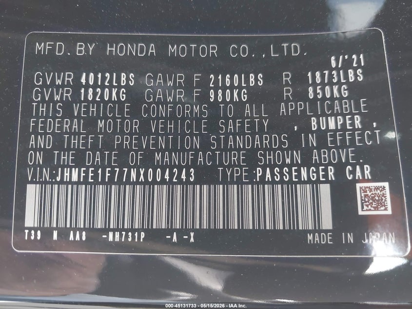 2022 Honda Civic VIN JHMFE1F77NX004243 IAAI salvage auction — RIGHT SIDE, Salvage (California), sold $5,900 on 2026-07-29 (photo 9)