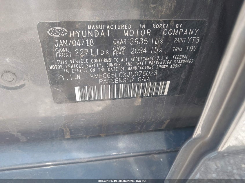 2018 Hyundai Ioniq hybrid VIN KMHC65LCXJU076023 IAAI salvage auction — NORMAL WEAR, Sf97 (Ohio), sold $10,650 on 2026-07-15 (photo 9)