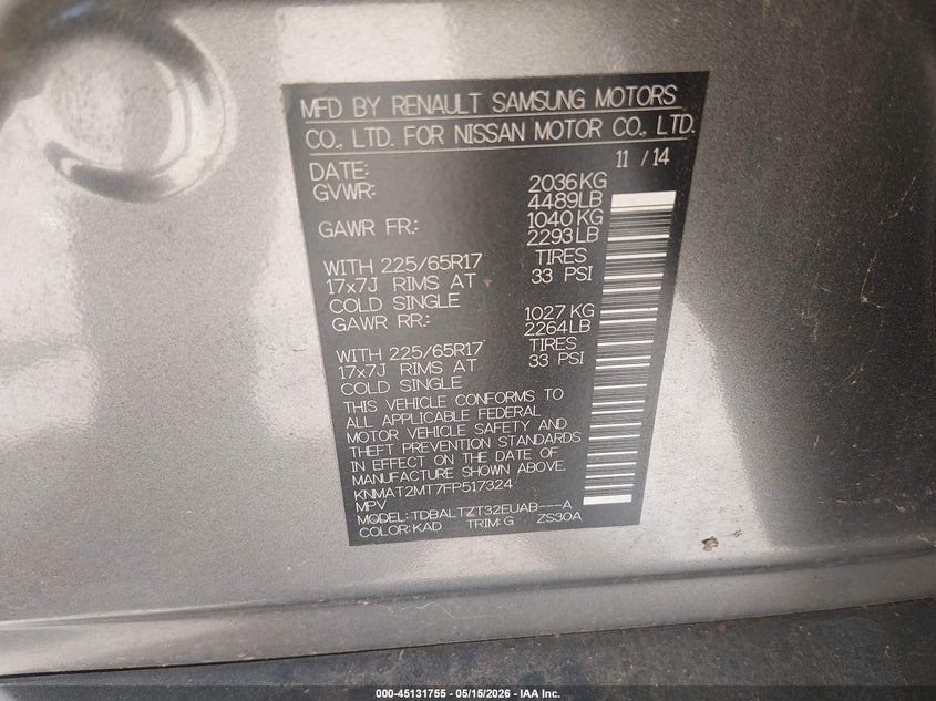 2015 Nissan Rogue VIN KNMAT2MT7FP517324 IAAI salvage auction — NORMAL WEAR, Clear (Montana), sold $550 on 2026-07-15 (photo 9)