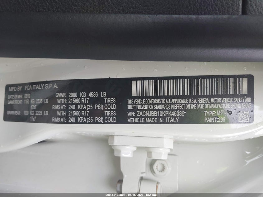 2019 Jeep Renegade VIN ZACNJBB10KPK46089 IAAI salvage auction — SIDE, Salvage (Massachusetts), sold $1,200 on 2026-08-11 (photo 9)