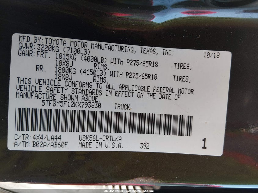 2019 Toyota Tundra VIN 5TFBY5F12KX793830 IAAI salvage auction — REAR END, Salvage (West Virginia), sold $11,950 on 2026-07-09 (photo 9)